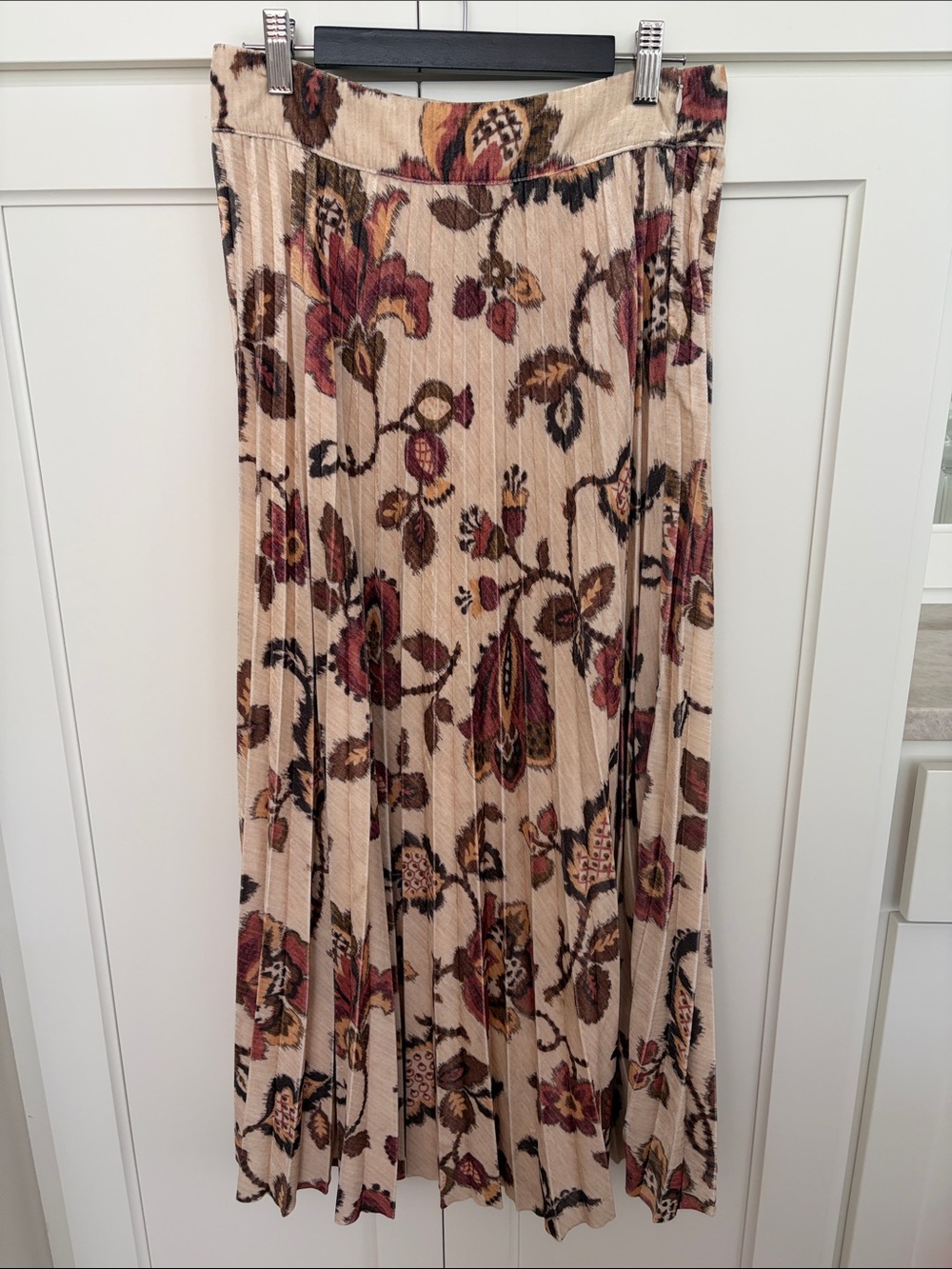 Sezane Velvet Floral Pleated Maxi Skirt in Beige, Burgundy & Brown